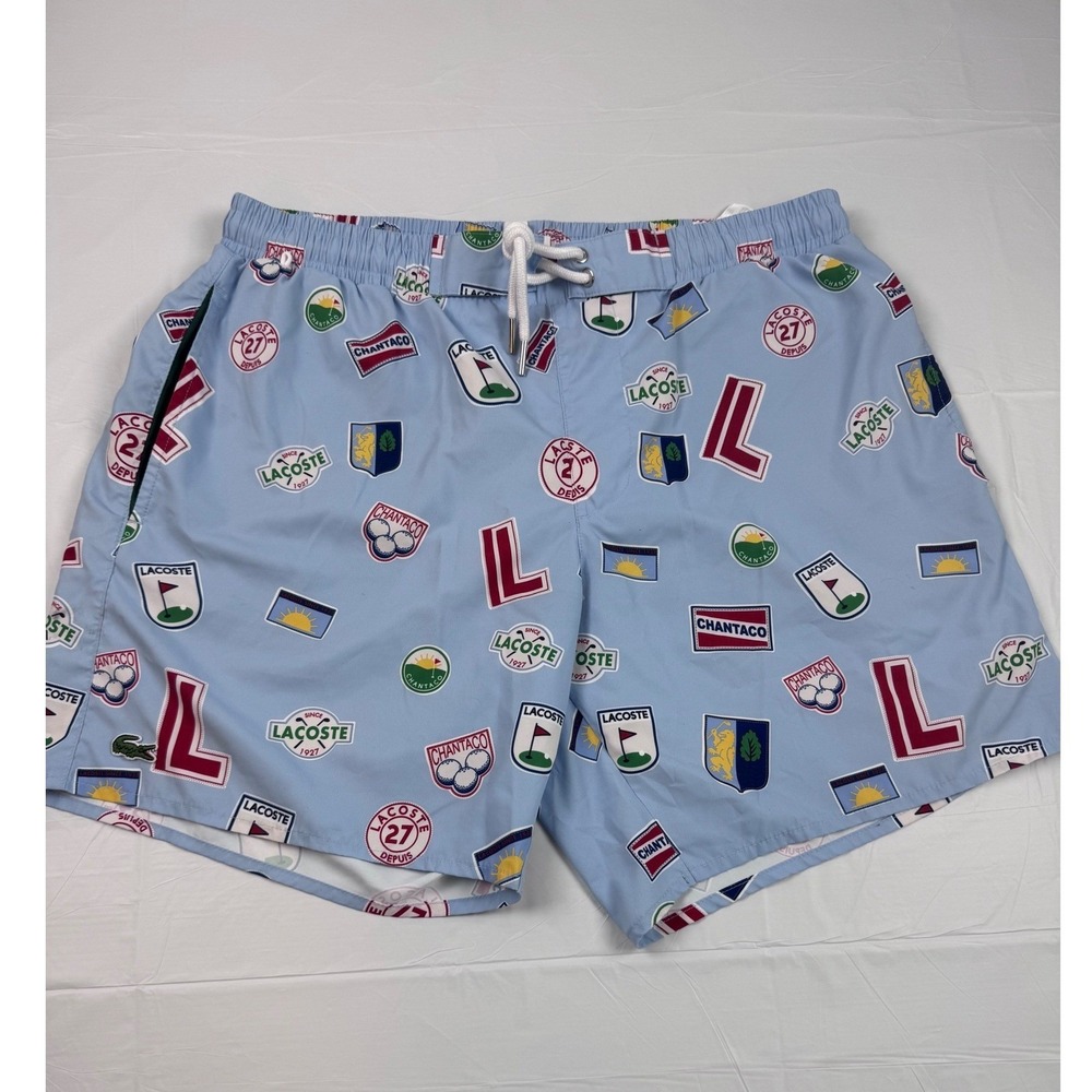 Lacoste Mens Light Blue Heritage Patch Print Swim Trunks Shorts Size L Golf Logo